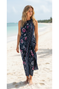 Sarong Beach Coverup Batik from Bali Large Size Black, White & Pink Flowers Sarong Beach Coverup Batik from Bali Large Size Black, White & Pink Flowers