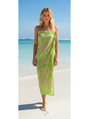 Sarong Beach Coverup Batik from Bali Large Size Pale Green & Pink Flowers Sarong Beach Coverup Batik from Bali Large Size Pale Green & Pink Flowers
