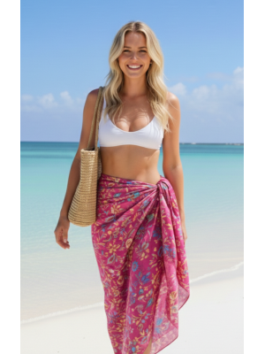 Sarong Beach Coverup Bali Batik Large Size Pink Multicoloured Flowers Sarong Beach Coverup Bali Batik Large Size Pink Multicoloured Flowers