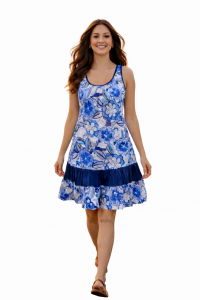  Short Cotton Blue / White Flower Print Sundress / Short Shift Dress - Fair Trade