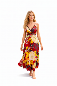 Bold Floral Patterned Red Carmen Summer Maxi Dress - Fair Trade 100% Cotton 