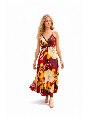 Bold Floral Patterned Red Carmen Summer Maxi Dress - Fair Trade 100% Cotton 