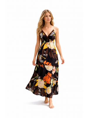 Bold Floral Patterned Dark Chocolate Brown Carmen Summer Maxi Dress - Fair Trade Cotton 