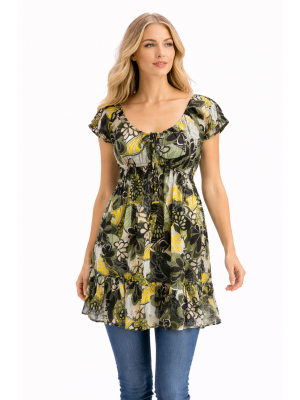 Green / Yellow  Bold Flower Print Floaty Indian Cotton Lizzy Blouse - Fair Trade 