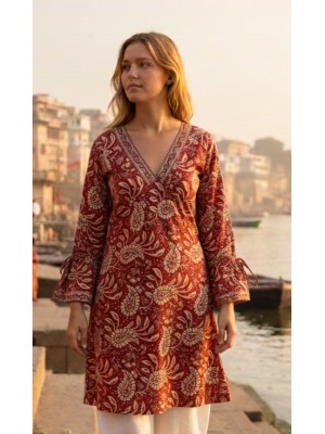 Paisley Print Kaftan Top Soft Indian Cotton Block Print Ruby Red Sizes 8 - 16