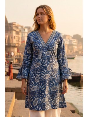 Paisley Print Kaftan Top Soft Indian Cotton Block Print Cobalt Blue Sizes 8 - 16