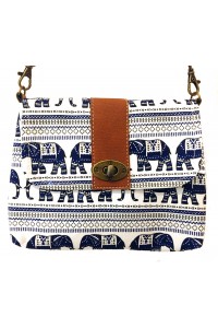 Vegan / Cruelty  Free Mini Hand Bag with detachable adjustable strap - Blue Elephants on White  Design - Fair Trade