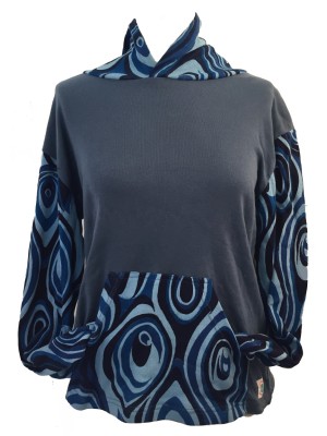 Fair Trade Blue Jersey Cotton Retro Spiral Ladies Hoodie 