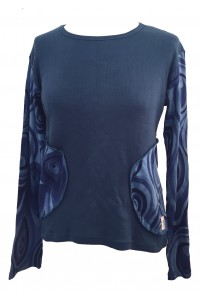 Fair Trade Blue Jersey Cotton Retro Spiral Ladies Long Sleeve Top 