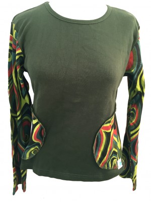 Fair Trade Green Jersey Cotton Retro Spiral Ladies Long Sleeve Top 
