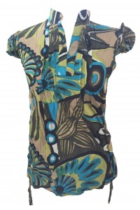 Bold Geometric Print Blue / Green Blouse featuring Mandarin Collar - Fair Trade Cotton
