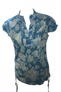 Bold Tropical Print Blue White Blouse featuring Mandarin Collar - Fair Trade 100% Cotton