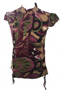 Bold Geometric Print Maroon Blouse featuring Mandarin Collar - Fair Trade 100% Cotton