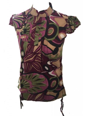 Bold Geometric Print Maroon Blouse featuring Mandarin Collar - Fair Trade 100% Cotton