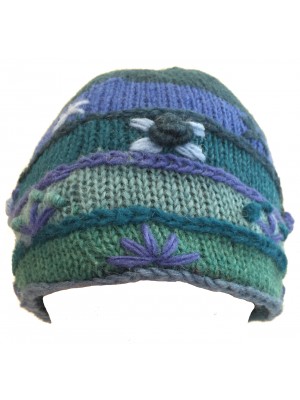 Shades of Blue Hand Embroidered Hand Knit Wool Beanie Hat - Fair Trade - Fleece Lined Toasty Warm