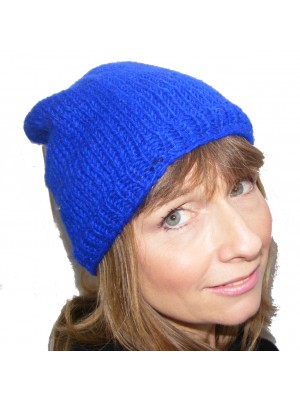 Cool Handknitted Woollen Blue Slouch Beanie Hat with fleece lining ideal for skaters and snowboarders