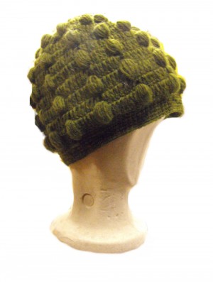 Fair Trade New Style Khaki Green Bobbly Bobble Hat - Fleece lined - Hand Knitted - 100% Fairtrade Wool