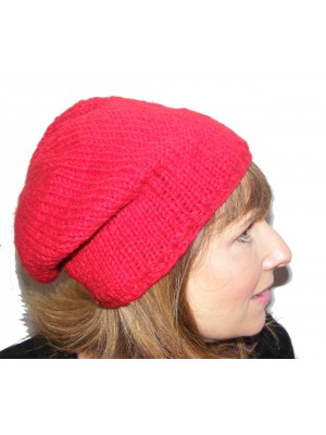 Cool Handknitted Woollen Red Slouch Beanie Hat with fleece lining ideal for skaters and snowboarders