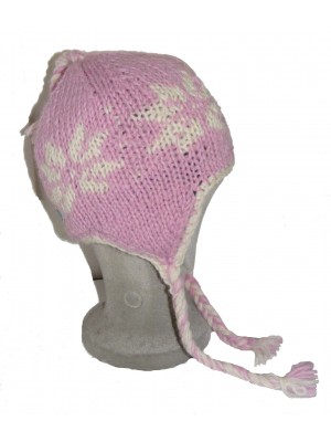 Hand Knit Wool Children's Pink Flower Earflap Hat