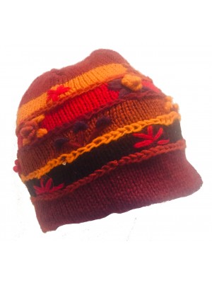 Shades of Red Hand Embroidered Hand Knit Wool Beanie Hat - Fair Trade - Fleece Lined Toasty Warm