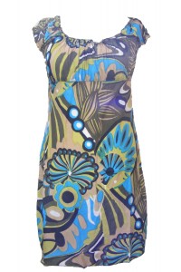 Blue / Green Bold Patterned Short Cotton Summer Dress / Long Top - Fair Trade 