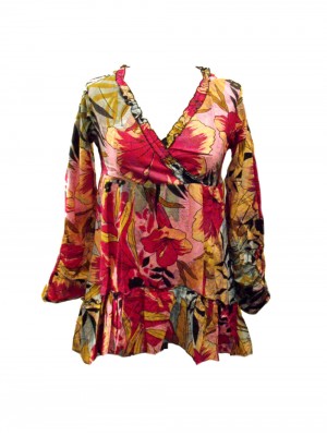 Ethnic Bold Flower Print Pale Blue & Pink Abbie Blouse - Fair Trade 100% Cotton