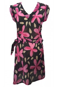 Short Cotton Kaftan / Summer Dress - Pink Flower Print  - Fair Trade 