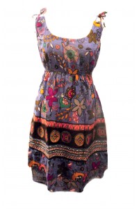 Cotton Colourful Short Strappy Sundress - Purple Exotic Bird Print - Fair Trade