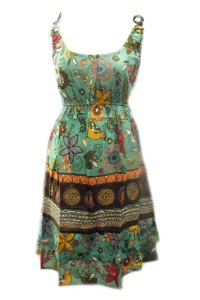 Cotton Colourful Short Sundress -  Turquoise Exotic Hattie Bird Print - Fair Trade