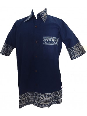 Blue Traditional Blockprint Cotton Mens Short Sleeve Shirt - Fair Trade