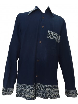 Blue Traditional Blockprint Cotton Mens Long Sleeve Shirt - Fair Trade