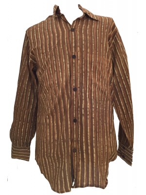 Light Brown / Dark Brown Striped Blockprint Cotton Mens Long Sleeve Shirt - Fair Trade