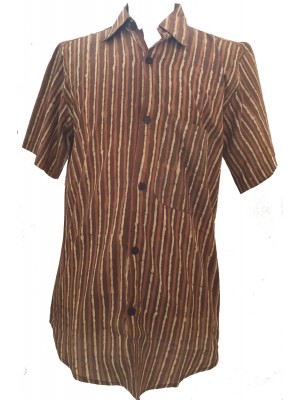 Light Brown / Dark Brown Striped Blockprint Cotton Mens Short Sleeve Shirt - Fair Trade