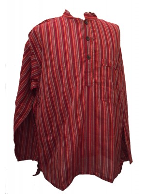 Red Striped 100% Cotton Collarless Grandad Shirt - Fairtrade