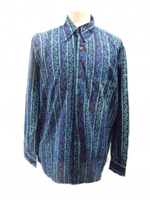 Blue Turquoise Wavy Blockprint Cotton Mens Long Sleeve Shirt - Fair Trade