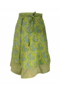 Fair Trade Double Layered Midi Length Swish Wrap Skirt - Lime with Pale Green Underskirt