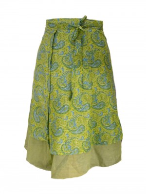 Fair Trade Double Layered Midi Length Swish Wrap Skirt - Lime with Pale Green Underskirt