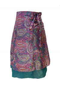 Fair Trade Double Layered Midi Length Swish Wrap Skirt - Pinks and Greens with Deep Green Underskirt