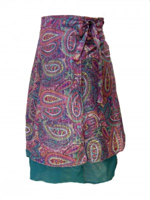 Fair Trade Double Layered Midi Length Swish Wrap Skirt - Pinks and Greens with Deep Green Underskirt