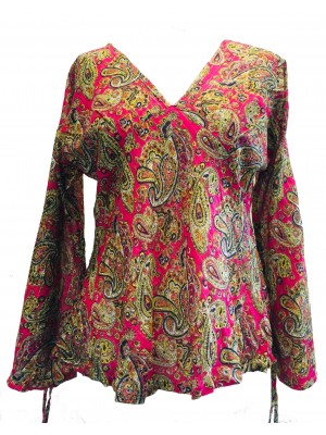 Floaty Cotton Pink Paisley Print V Neck Top / Baba Blouse - Fair Trade