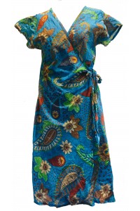 Blue / Green  Exotic Flower Soft Cotton Wrap Dress / Over Dress / Cover Up - Fair Trade