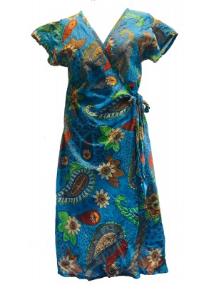 Blue / Green  Exotic Flower Soft Cotton Wrap Dress / Over Dress / Cover Up - Fair Trade