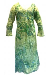 Green Funky Print Stretchy Dress - Crossover V Neck  - Fair Trade from Rajasthan, India