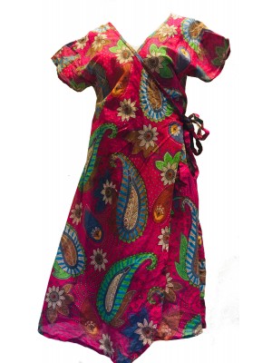 Dark Pink Exotic Flower Soft Cotton Wrap Dress / Over Dress / Cover Up - Fair Trade