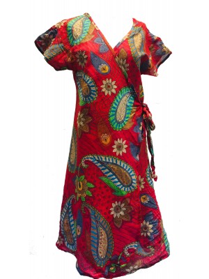 Red Exotic Flower Soft Cotton Wrap Dress / Over Dress / Cover Up - Fair Trade from Rajasthan, India