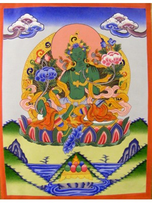  Genuine Original Tibetan Buddhist Thangka Painting - Green Tara,  Goddess of Youthful Activity- Fair Trade