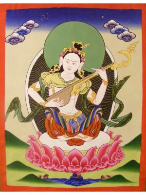  Genuine Original Tibetan Buddhist Thangka Painting -  Saraswati , Goddess of Knowledge and Wisdom  - Fair Trade
