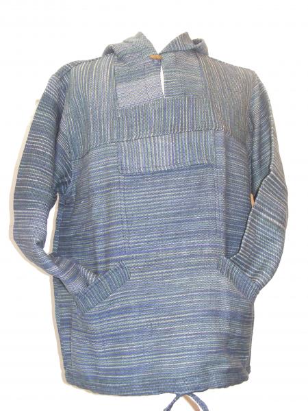 Handspun Cotton Nepalese Baja Jerga Style Hoodie - Blue / Green Stripes - Fair Trade