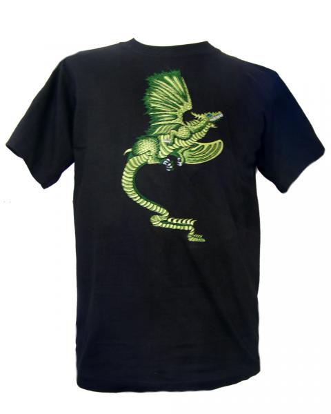 Fair Trade Embroidered Green Dragon T Shirt ( Black T Shirt)