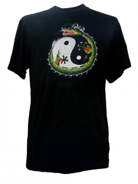 Fair Trade Embroidered Green Chinese Dragon with Yin Yang T Shirt